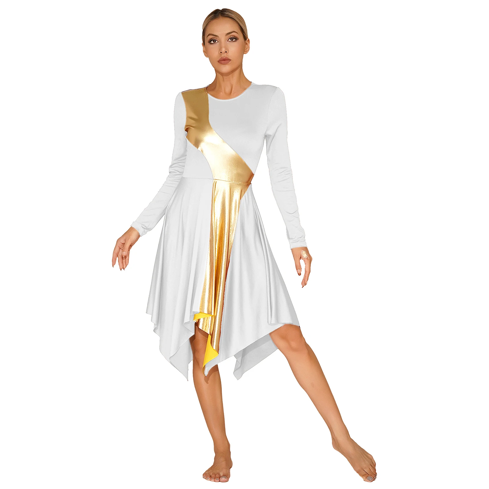 Womens Church Worship Praise Dance Outfit Long Sleeve Maxi Dress+Wide Leg Trousers Dancewear Rumba Samba Flamenco Waltz Modern