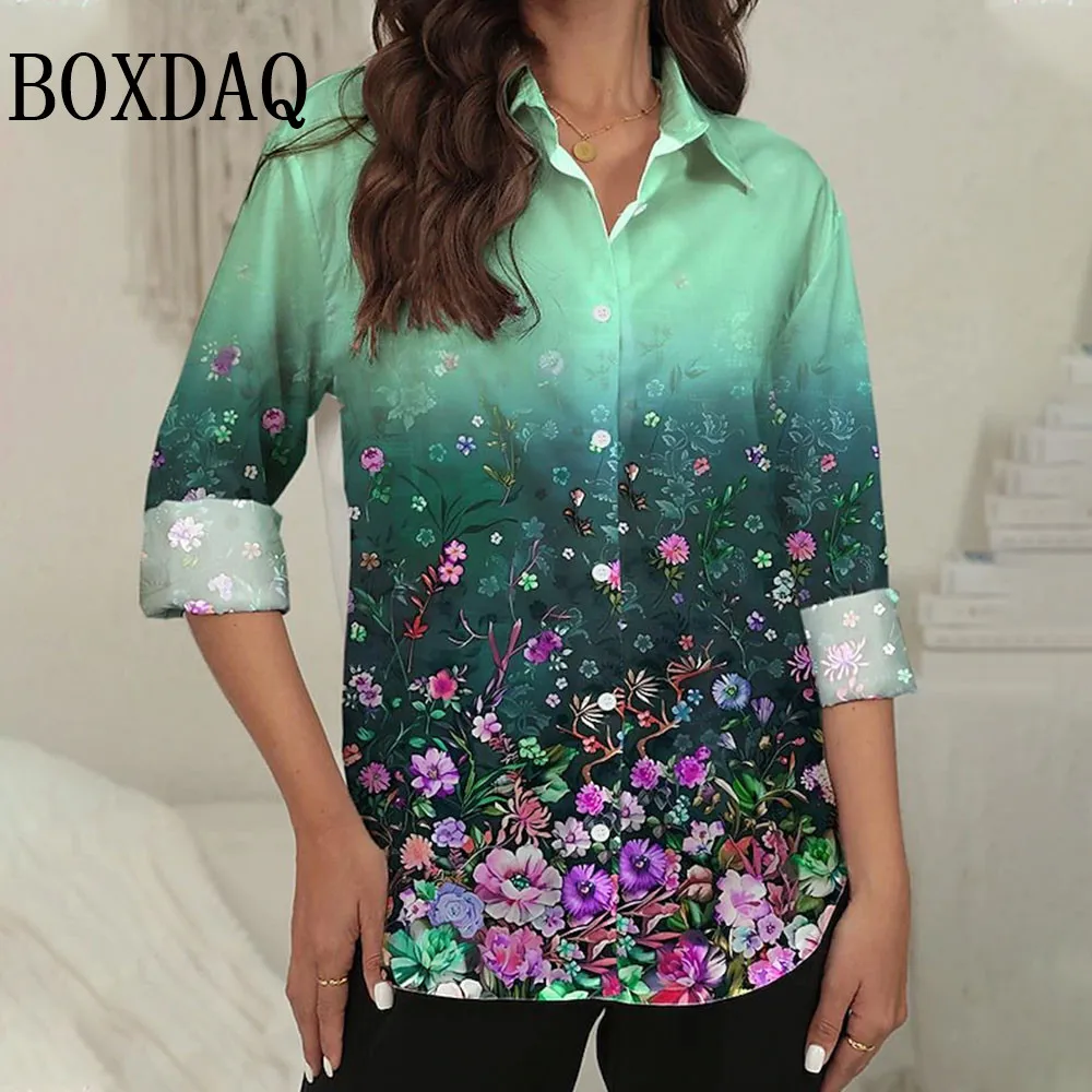 High Quality Women's Shirts Elegant 3d Green Floral Print Long Sleeve Blouses Plus Size Casual Lapel Tops For Women Clothes 2025