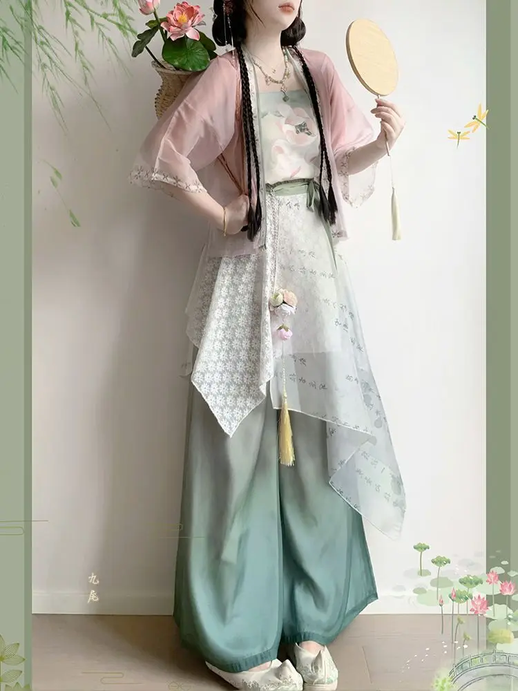 ‌Original Hanfu Set - Women's Lotus-Patterned Short Blouse + Song Dynasty Pants + Camis Modern Style Chinese Clothes Women