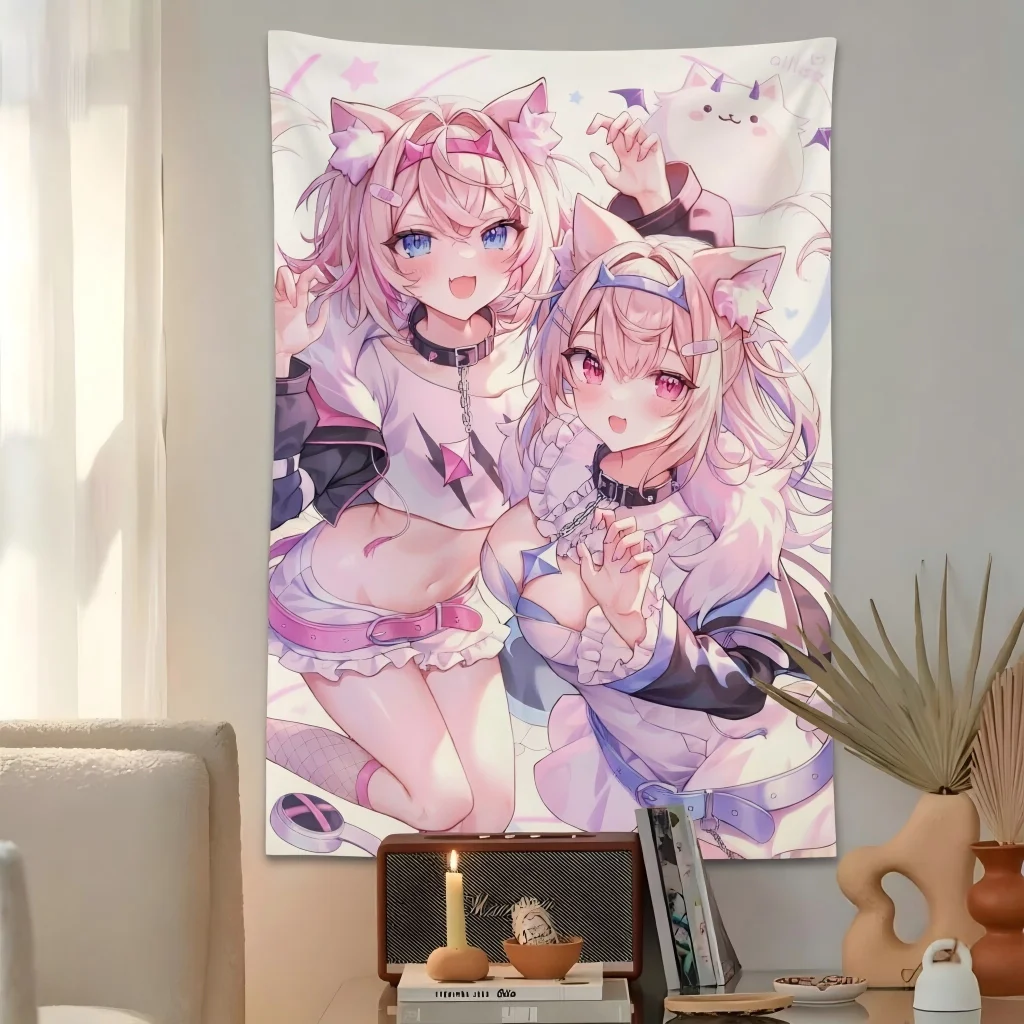 Y2K Kawaii Twin Neko Cat Girl Tapestry Pastel Horn Headband Fishnet Ghost Anime Print Wall Hanging Teen Girls Dorm Decor Gift