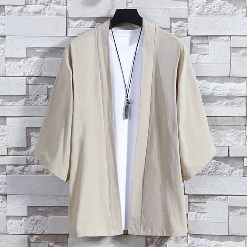 Lightweight and breathable men's kimono cardigan, Japanese jacket, casual cotton 3/4 sleeve shirt, cardigan, light linen yukata