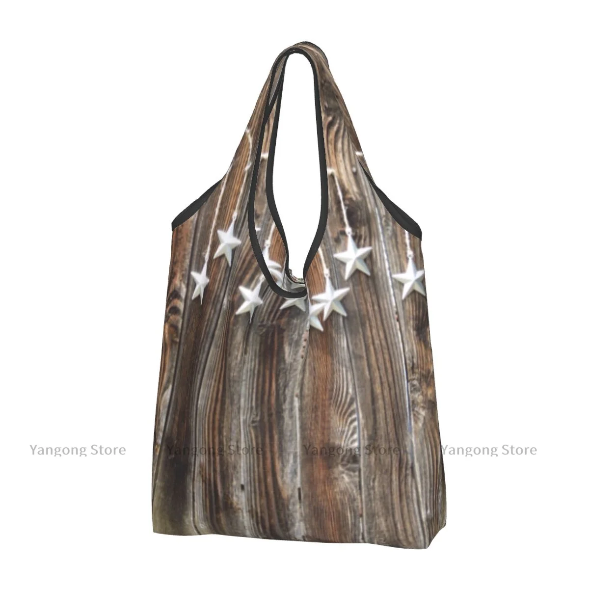 Shopping Bag Ornate Stars On Wooden Rustic Fence Cabin Print Folding Reusable Portable Shoulder Handbag for Travel Grocery Bag