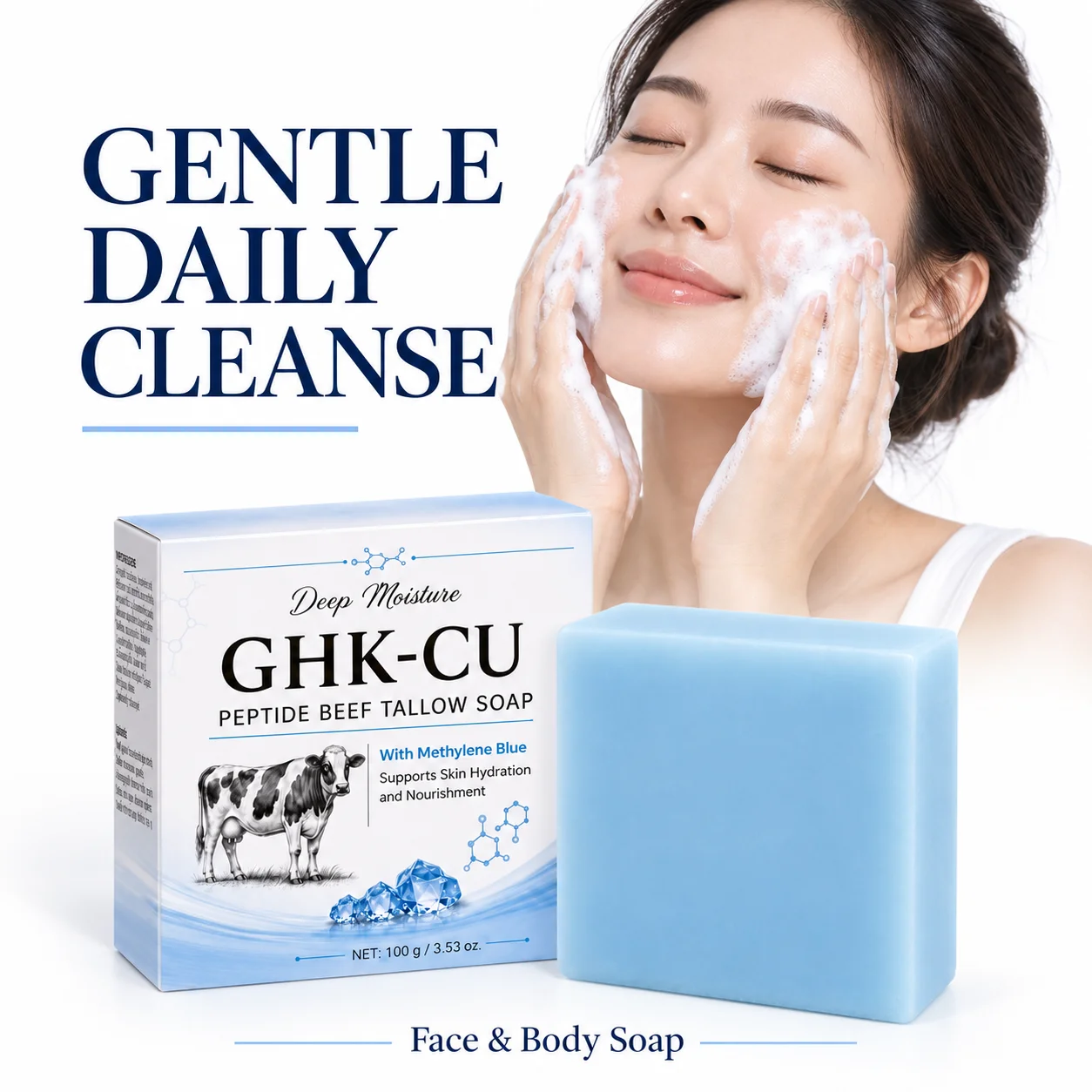GHK-Cu Copper Peptide Tallow Soap Handmade Moisturizing Cleansing Bar for Dry Skin with Grass Fed Beef Tallow and Olive Oil