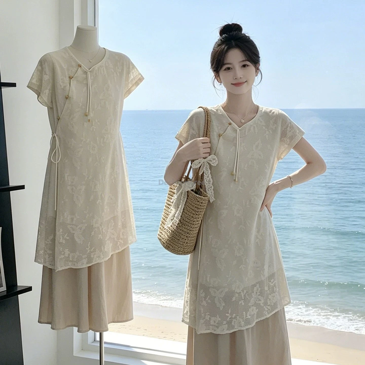 New Chinese-style Embroidery Modified Set Women Summer Gentle Look Slimming Elegan Daily Two-piece Skirt Set