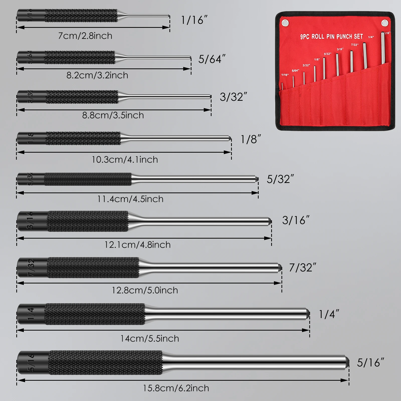 9Pcs Roll Pin Punch Set Heat Treated Chrome Vanadium Steel Pin Punch Kit with Knurled Handl Roll Up Storage Pouch for Automotive