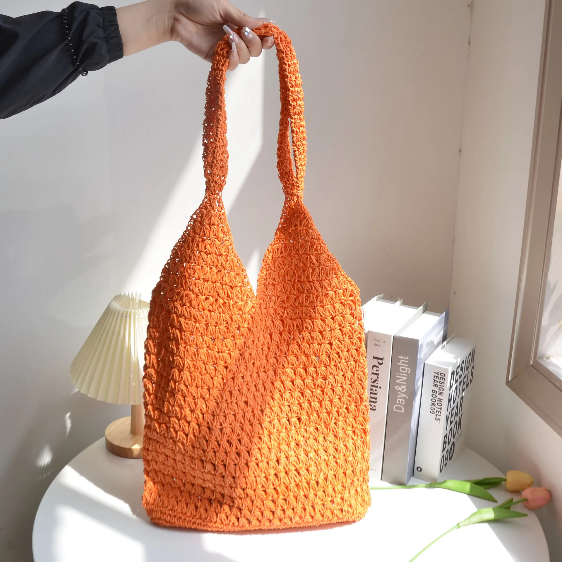 

Large Crochet Straw Bag Handmade Knitting Beach Bags for Women Shoulder Bag Hollow Woven Shopper Tote Traval Handbags and Purses