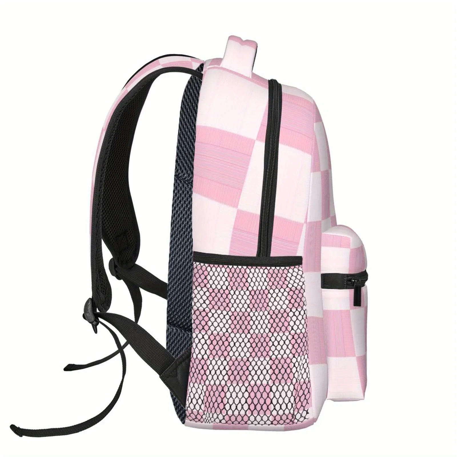 Custom Bag 1pc Pink And White Checkerboard Theme Semi-Full Print Large Capacity, Double Mesh Pocket Backpack, Lightweight And Du