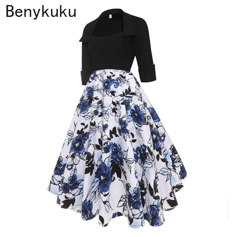 Floral Print Swing Vintage Dress 2024 Autumn Half Sleeve A Line Women Cotton Retro Rockabilly 50s 1960s Party Feminino Vestidos