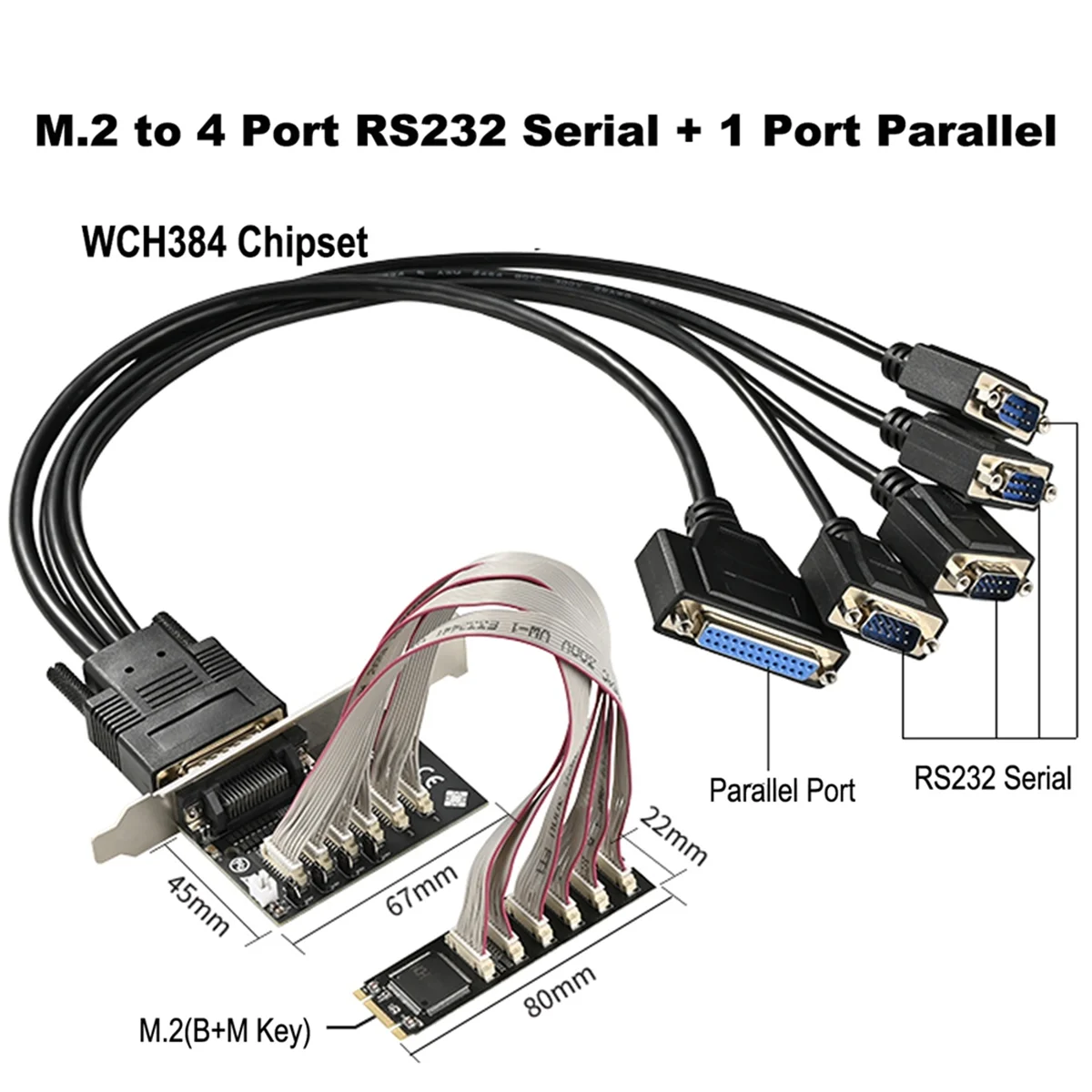 AB20-M.2 to 4 RS232 DB9 Serial Port and 1 DB25 Parallel Printer Port LPT1 Multi Expansion Card B Key M Key NGFF 2280Mm WCH384