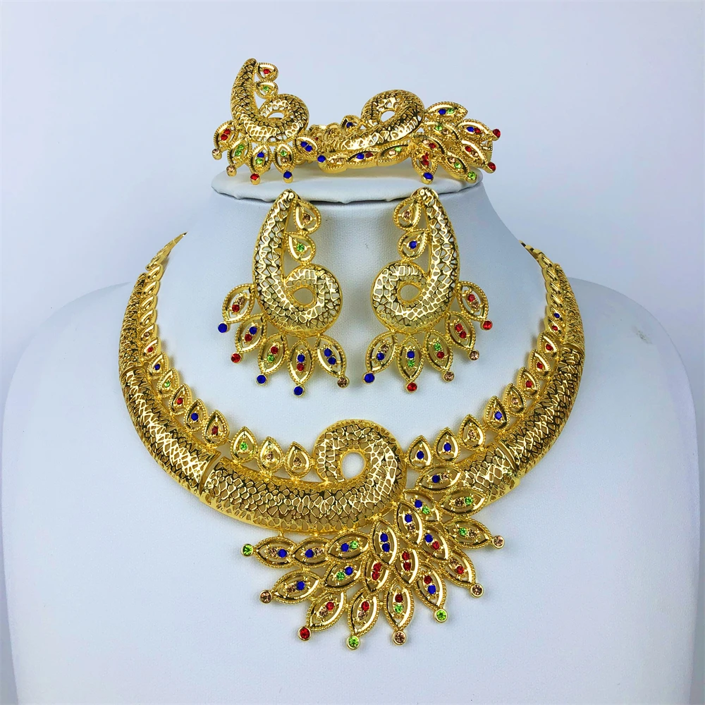 ESALE Women Jewelry Set Classic Design 18k Gold Plated Necklace Earrings Bangle And Ring 4PCS Set Jewelry Wedding Party Gift