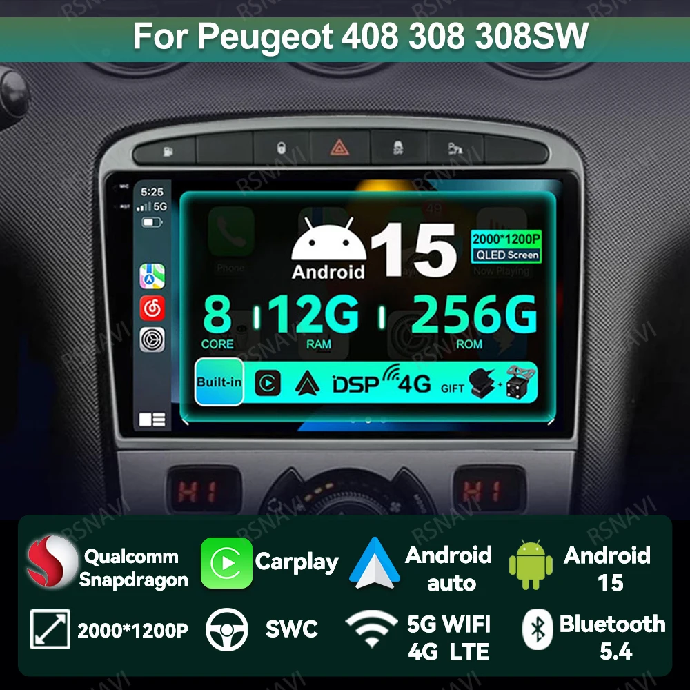 

Car Radio Android 15 For Peugeot 408 308 308SW Autoradio Head Unit Multimedia GPS Qualcomm BT DVD Wireless Carplay Auto Stereo