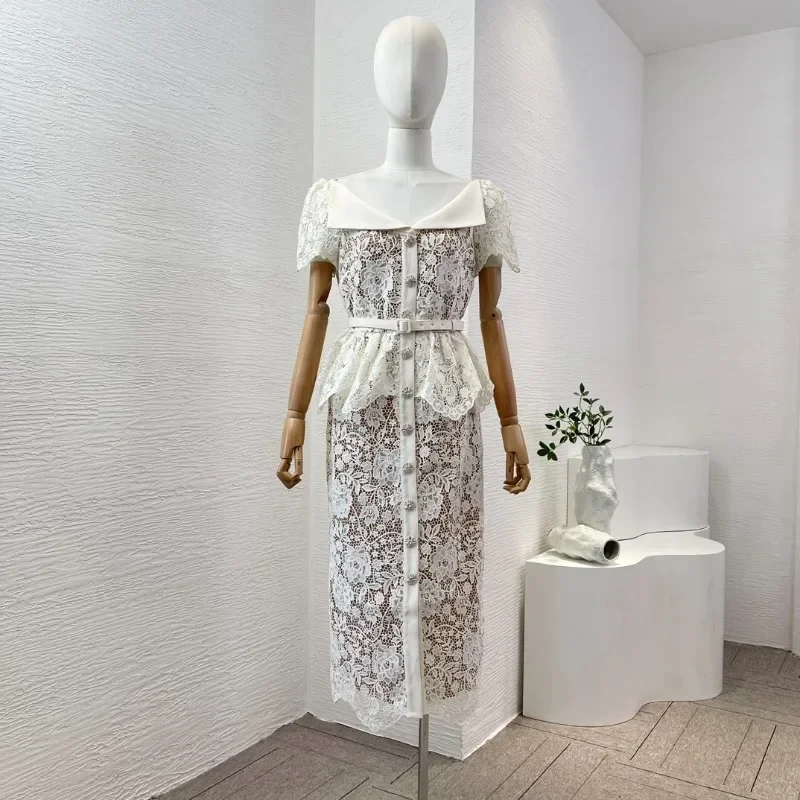 Holiday White Lace Patchwork Short Sleeve Elegant 2024 New High Quality Hook Floral Hollow Woman Summer Party Dresses