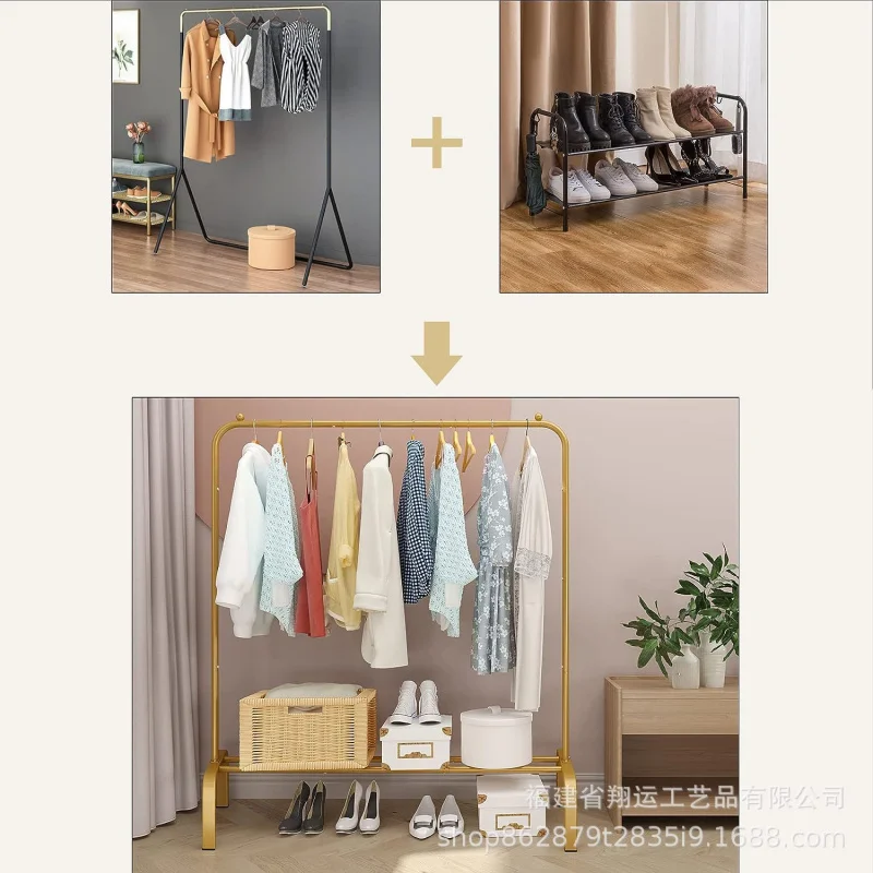 Custom.-Border Clothing Display Stand Simple Modern Coat Rack Iron Floor Clothes Display Rack Black and Golden