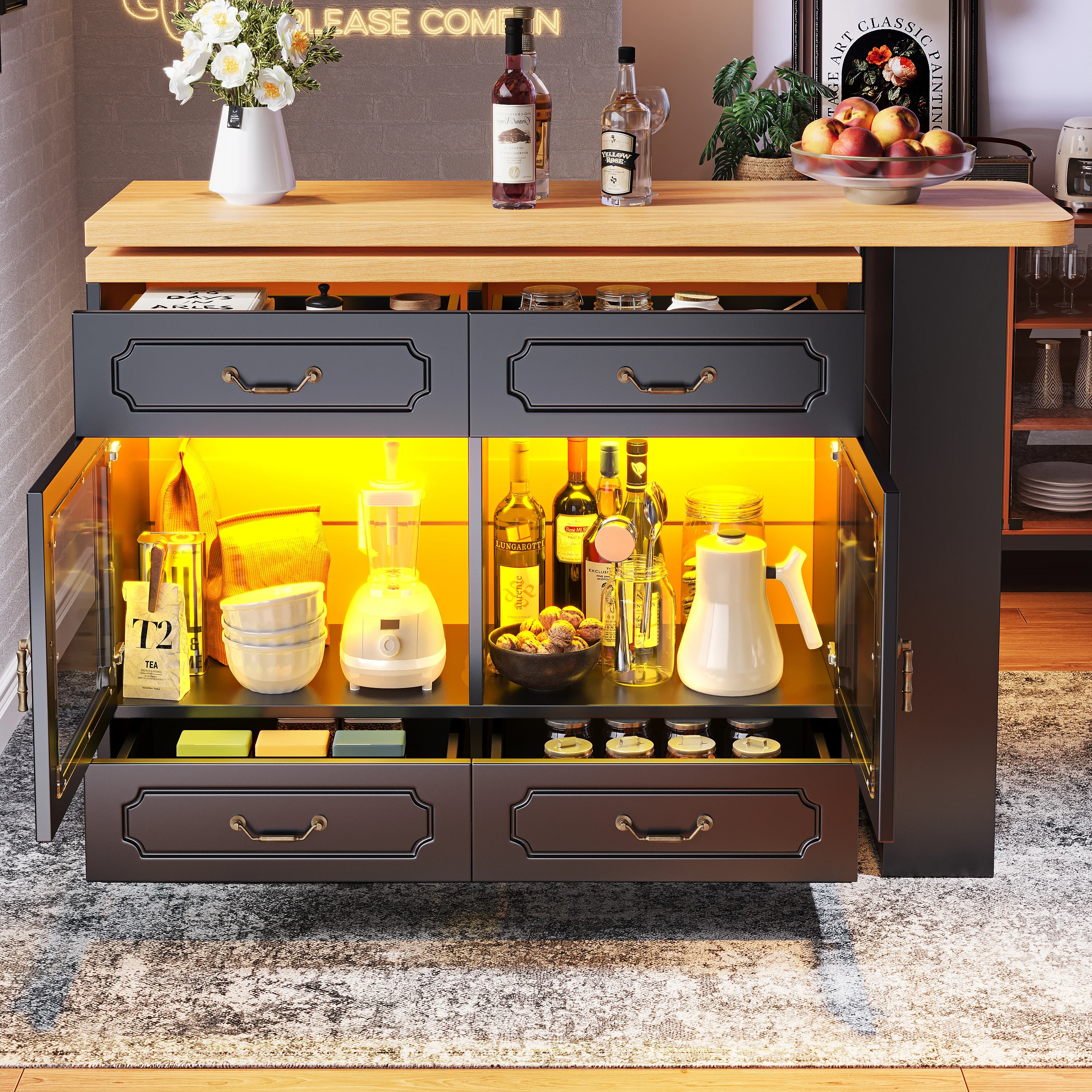Mesa de bar retráctil con almacenamiento (135-203 × 39 × 92. 8 cm), 360 ° comedor giratorio con LED, mesa alta con isla de cocina.
