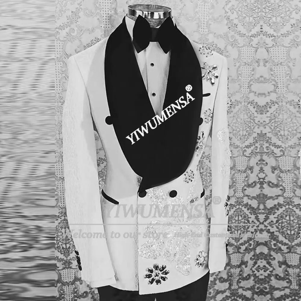 

Elegance Suit Men 2 Piece Crystals Beads Prom Blazers Customized Double Breasted Jacket Pants Formal Wear Groom Wedding Tuxedos