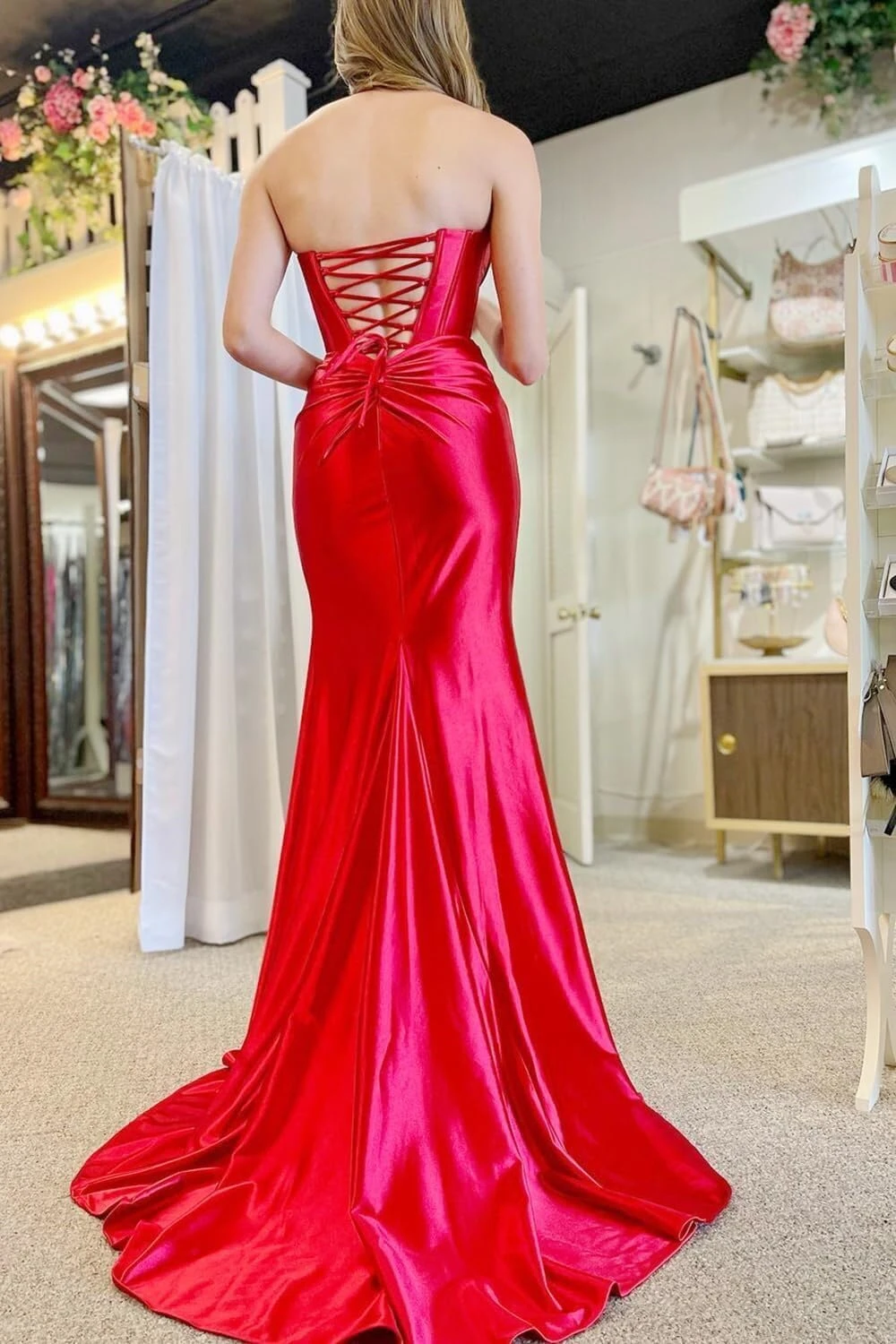 Strapless Corset Pleated Mermaid Prom Dresses With Split Side Satin Formal Party Backless Lace-up Long Ball Gowns for Women