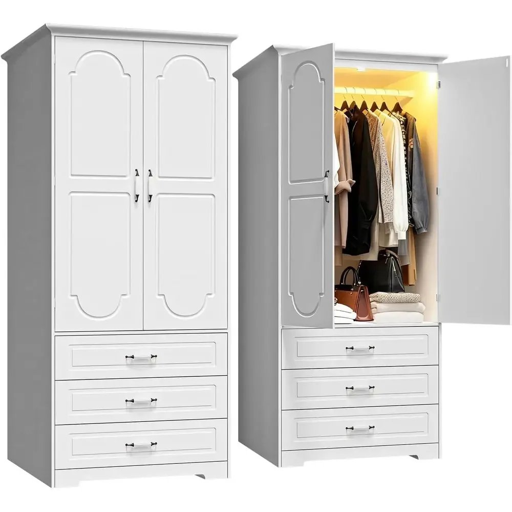 

Armoire Wardrobe Closet with 3 Ders and LED Light 72" Wooden Bedroom Armoire with 2 Doand Retro Ceic Door Handles ern Wardrobe C