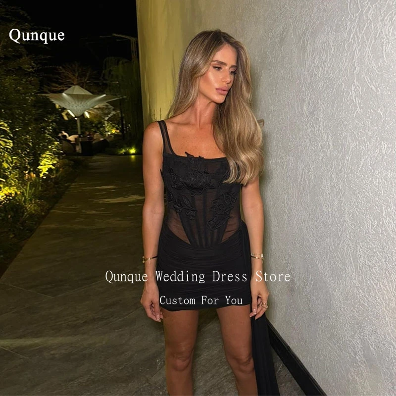 

Qungkin Черные платья для выпускного вечера без рукавов с аппликацией Элегантные шифоновые мини-платья для особых случаев Плиссированные короткие вечерние платья по индивидуальному заказу