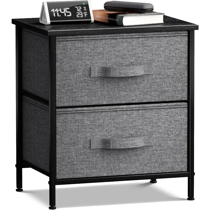 Nightstand with 2 Drawers - Bedside Furniture End Table Night Stand with Steel Frame, Wood Top & Easy Pull Fabric Bins