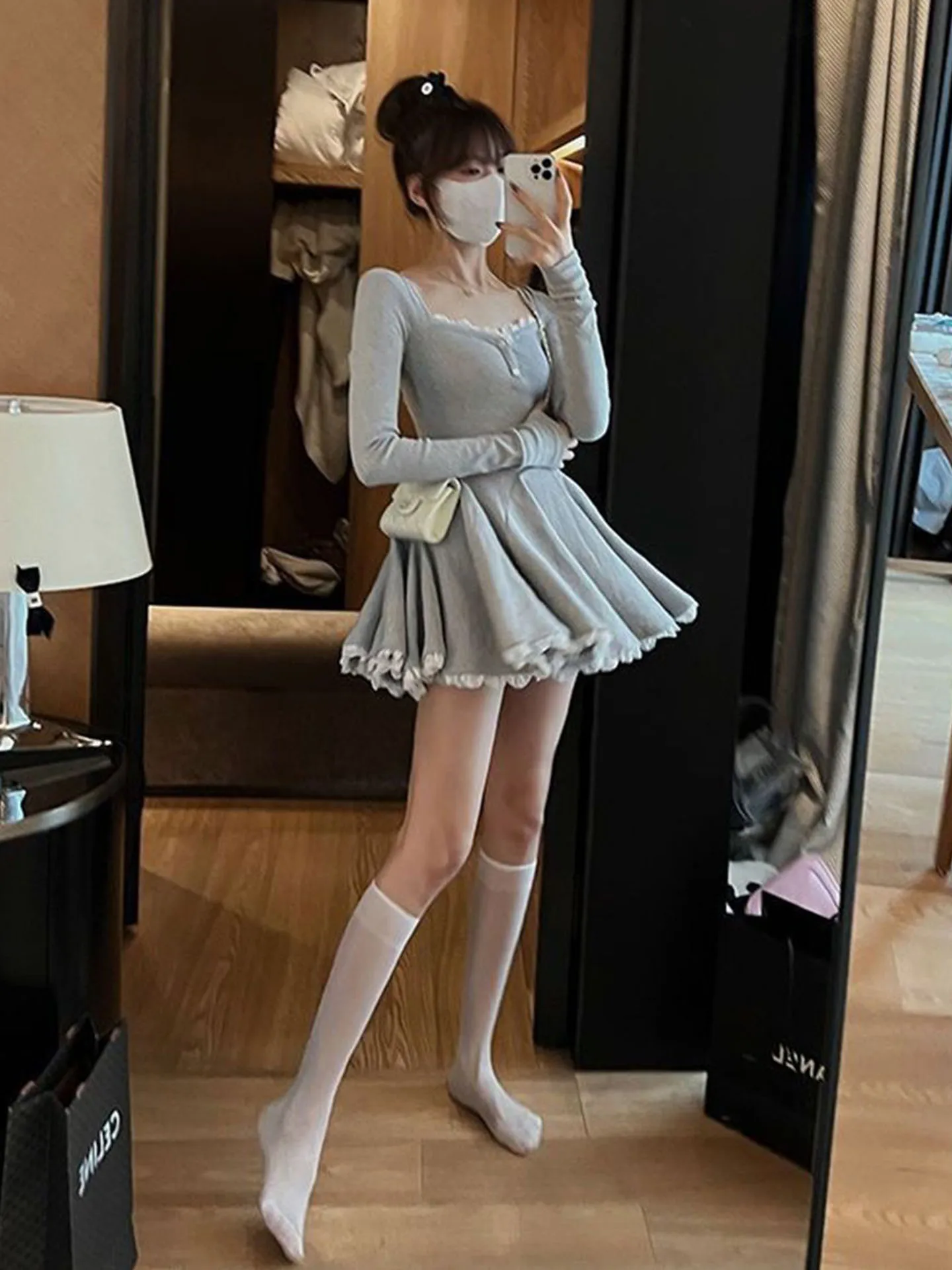 Sexy Spicy Girl Pure Desire Square Collar Long Sleeve Dress Women's Fashion Autumn New Small Size Waist Cinch Short Skirt
