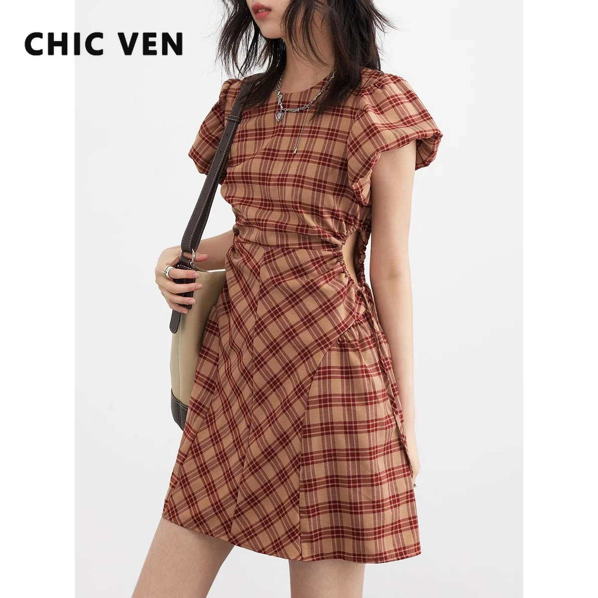 CHIC VEN Korean Style Women Dresses A-line Retro High Waisted Design Plaid Bubble Sleeve Girl Dress Drawstring Woman 2023 Trend