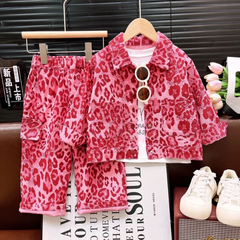 Girls' 2025 Autumn New Children's Clothing Pink Leopard Print Set, Long Sleeved Jacket, Long Pants Two-piece Set