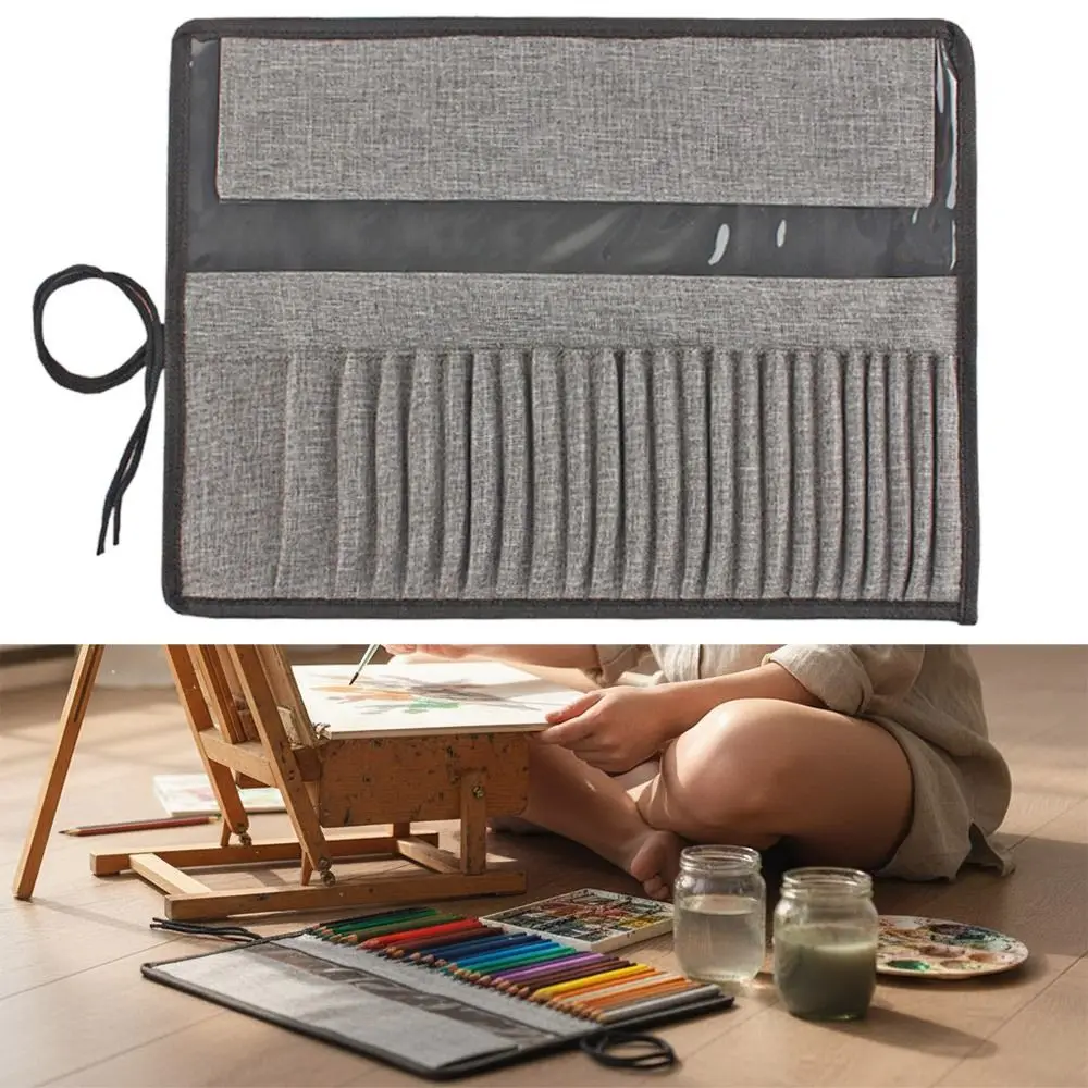 Canvas Painting Brush Storage Pouch Grey 24 Holes Roll Up Pen Bag Waterproof Sketching Pencil Holder Painting Brush Storage