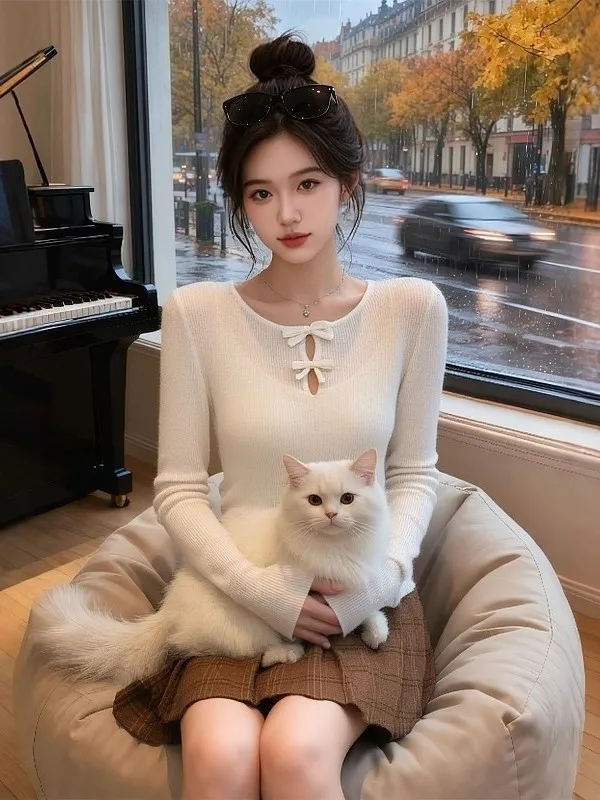 

Ele Long Sve Knitted Sweater Women's Slim Fit Inner Wear Knot Casual Sle Mid-Thiened Regular Length