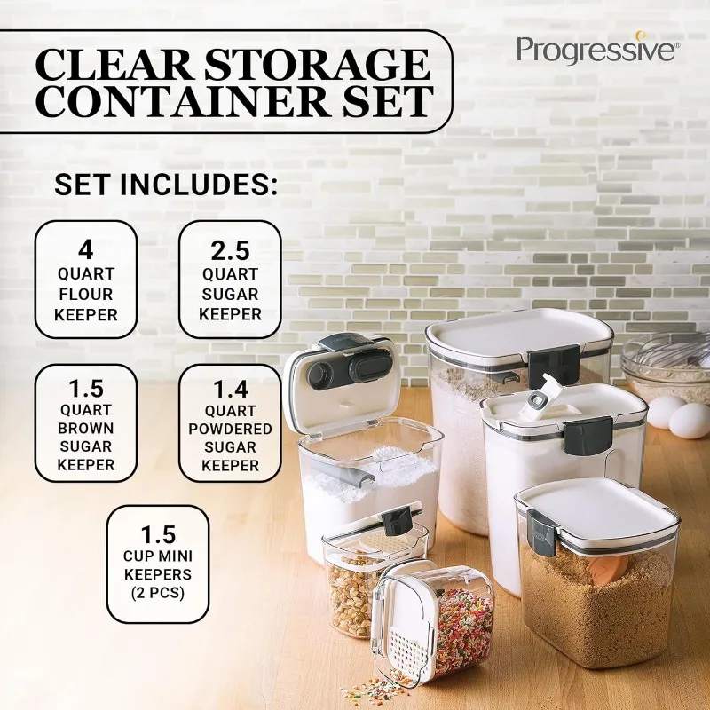 Prepworks ProKeeper Kitchen Clear Plastic, Airtight Food, Flour and Sugar Storage Container Set, 6 Piece, White