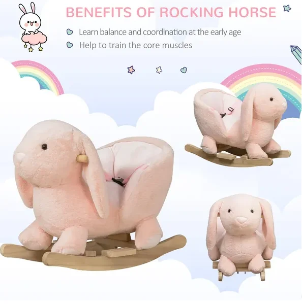 Cavallo a dondolo Qaba Rabbit, tessuto morbido peluche e base in legno, funzione sonora, comodo giocattolo da cavalcare per i più piccoli, rosa