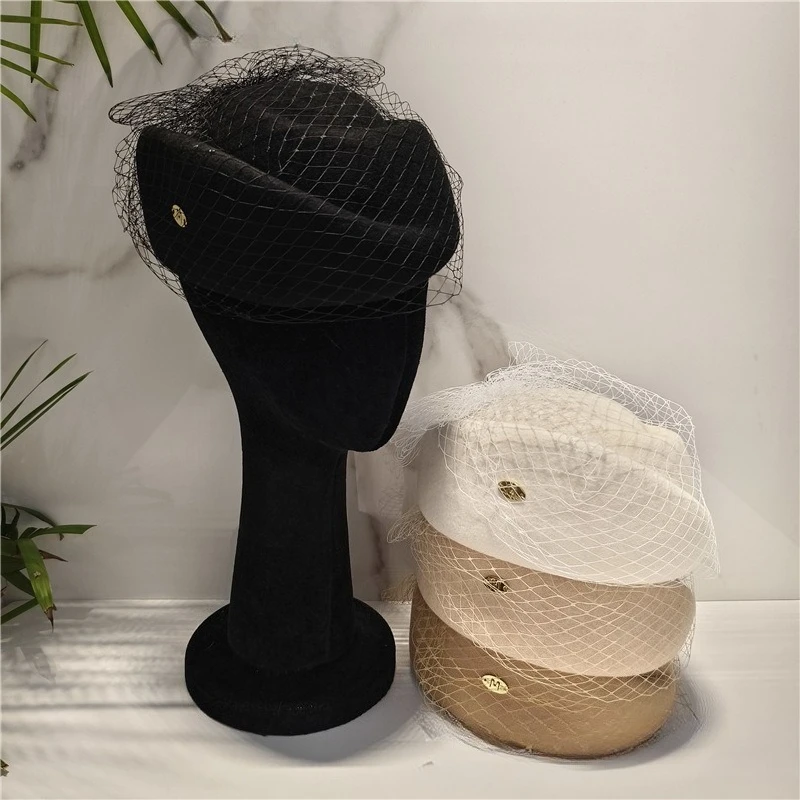 Vintage Hepburn Style Wool Mesh Pillbox Hat Fedoras Elegant Beret Hat Women Church Fascinators Hat Banquet