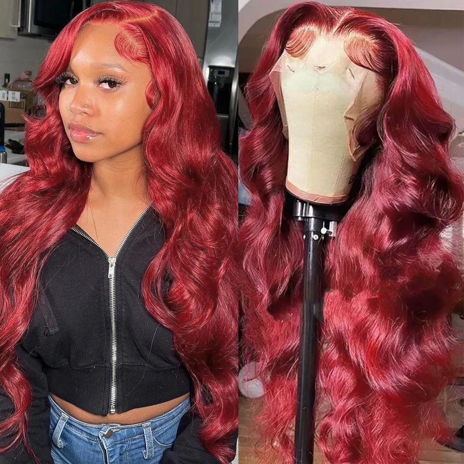 99J Burgundy 13x4 Body Wave Lace Front Human Hair Wig HD Transparent Lace Frontal Wigs for Women Brazilian Red Colored Remy Wigs