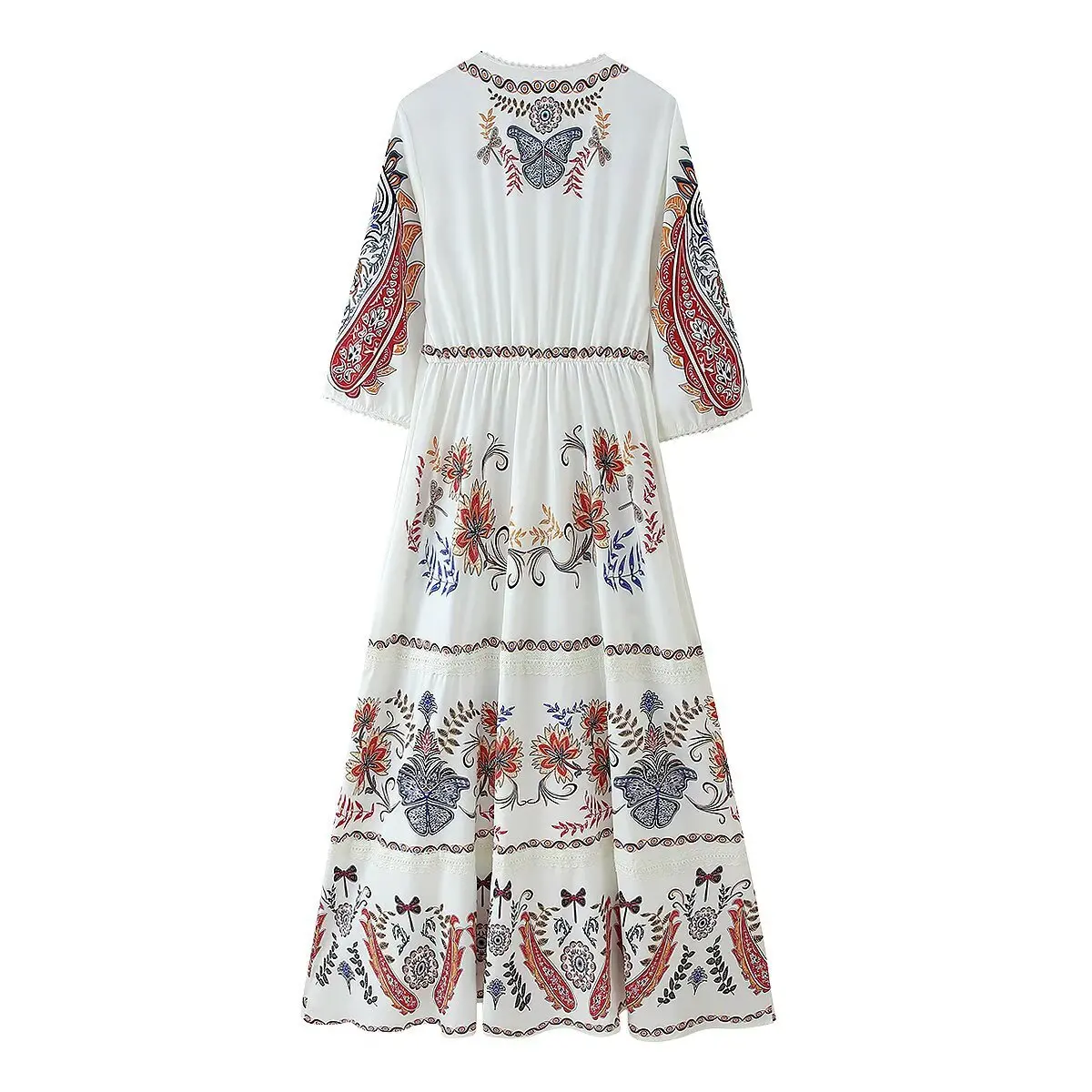 2025 Summer Women's Positioning Print Dress Splicing Lace V-neck 3/4 Sleeve Long Dresses Casual Beach Bohemian Holiday Dress