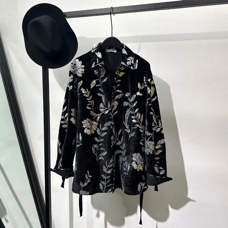 PFHQ Men\'s Trendy Bright Color Printed Loose Sleeved Shirts Velvet Sequin Performance Male Summer Advanced Handsome Tops 21Z4382