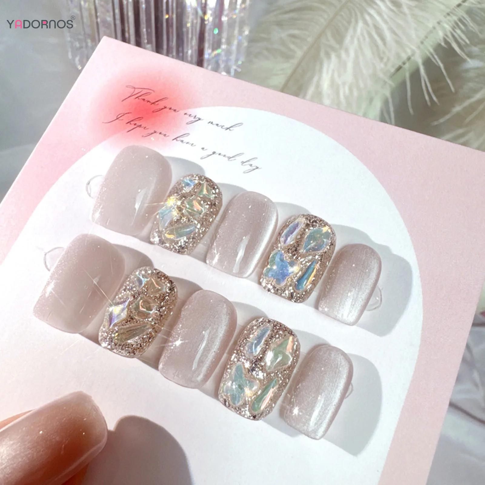 Nackte Farbe gefälschte Nägel handgemachte quadratische Kopf presse auf Nägel Katzenaugen Glitzer Strass entworfen tragbare falsche Nägel Spitzen