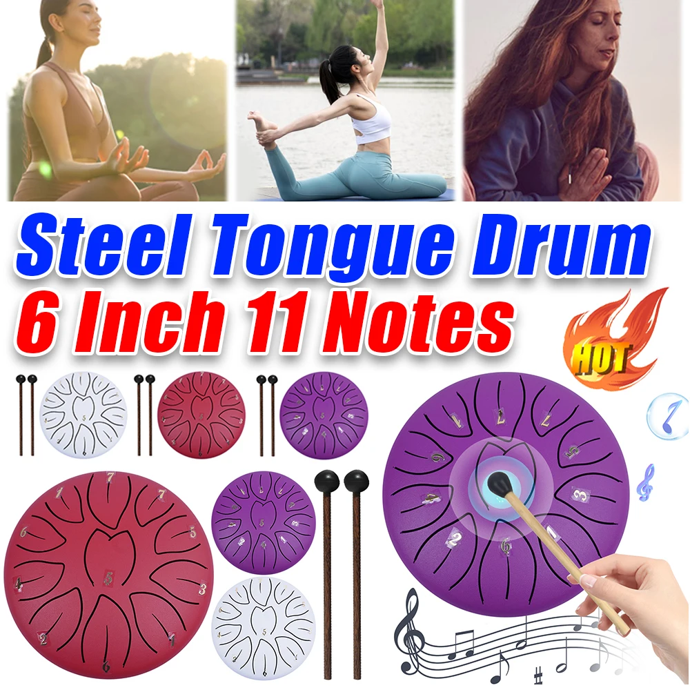 6 Inch 11 Notes Steel Tongue Drum with Drumsticks Mallets Finger Picks Percussion Instruments Sound Healing Drum Hand Pan Drums