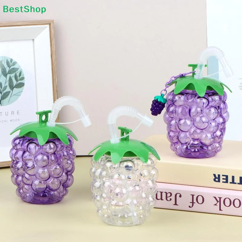 ☭Grape Shaped Plastic Water Bottle With Straw Cute Portable Fruit Design Cup Summer Beach Pool Party Straw Drinking Cups