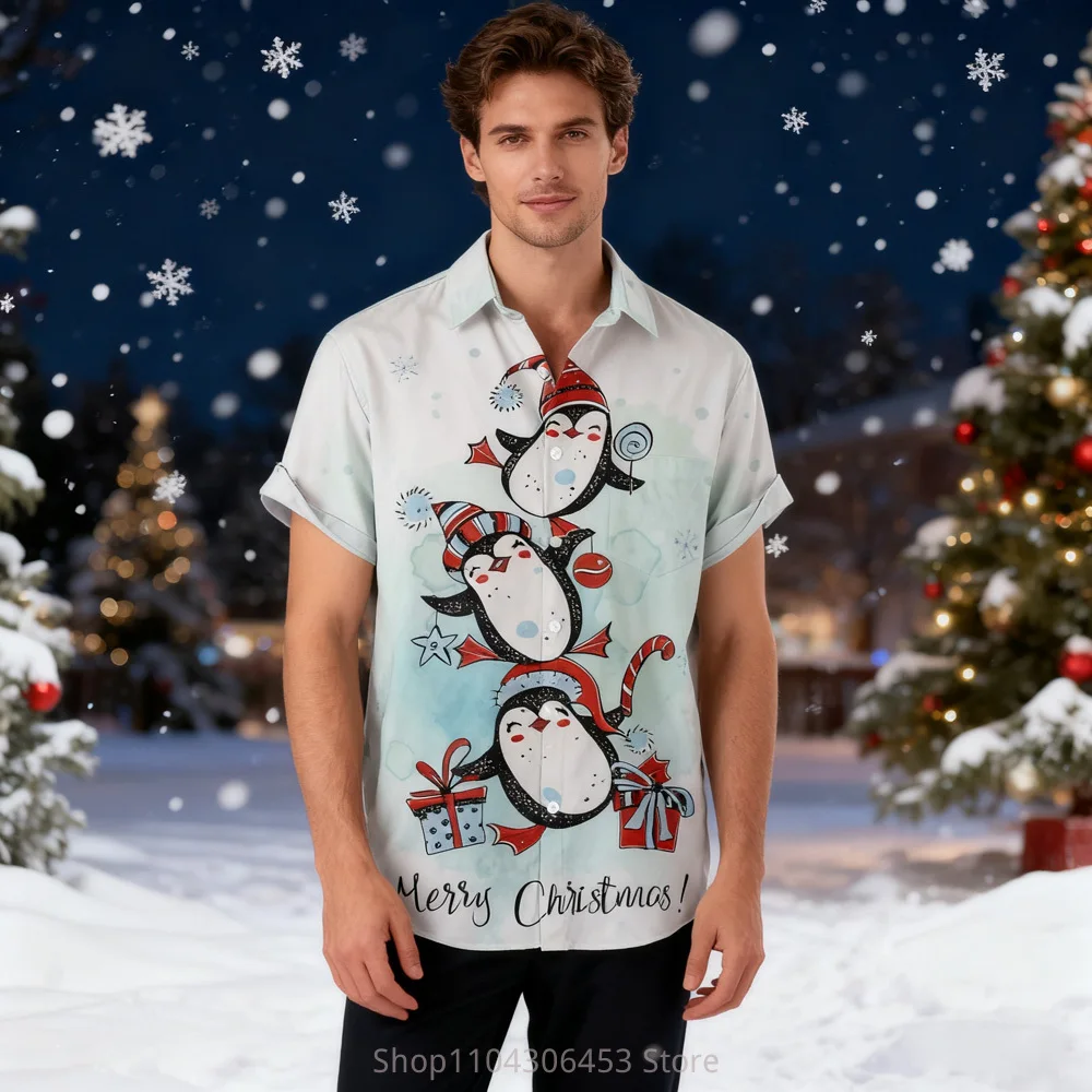New Men's Christmas Element Short-sleeved Shirt Santa Claus New Year Cartoon 3D Digital Printing Shirt Spring and Autumn Men's