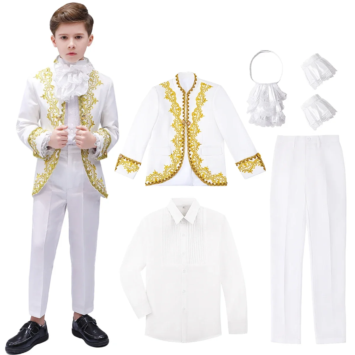 

White Royal Court Prince Costume Set with Gold Embroidery Victorian Formal Suit for Wedding Halloween Cosplay Party Performance