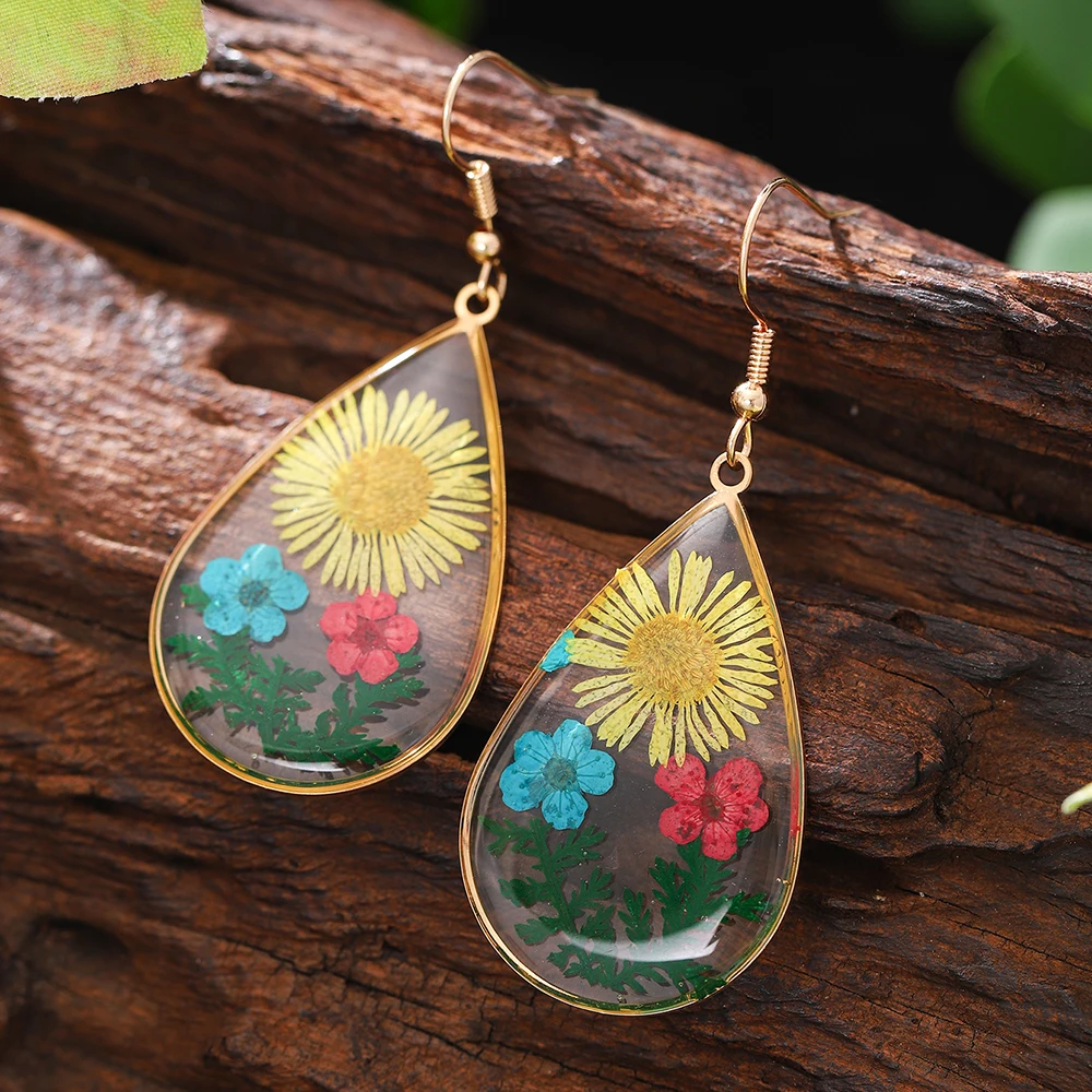 Fashion Geometric Clear Resin Flower Drop Earrings for Women Accessories New Trendy Gold Color Earring Party Jewelry Gift
