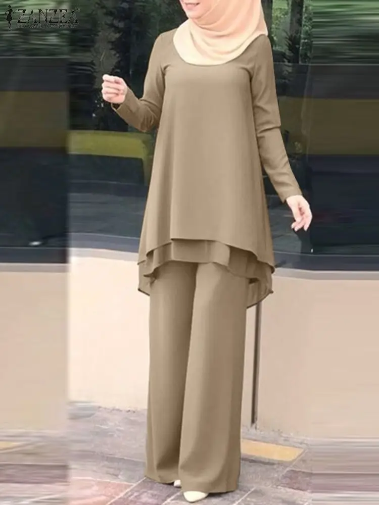 ZANZEA-chándal Hijab musulmán para mujer, conjunto a juego de blusa de manga larga con cuello redondo, pantalones de pierna ancha informales