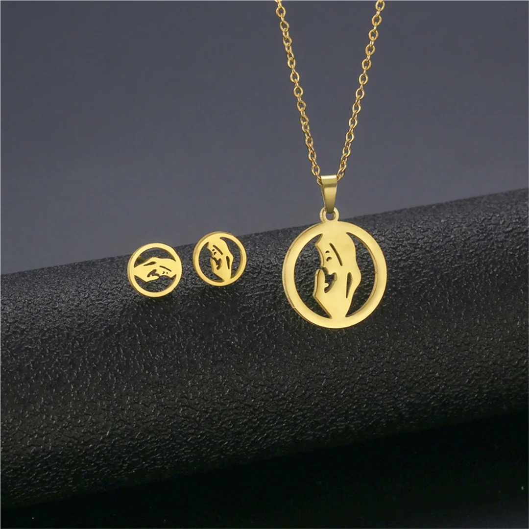 New Design Small Tiny Virgin Mary Pendant Earrings Set Gold Color Stainless Steel Faith Necklace For Women Religious Jewelry Set