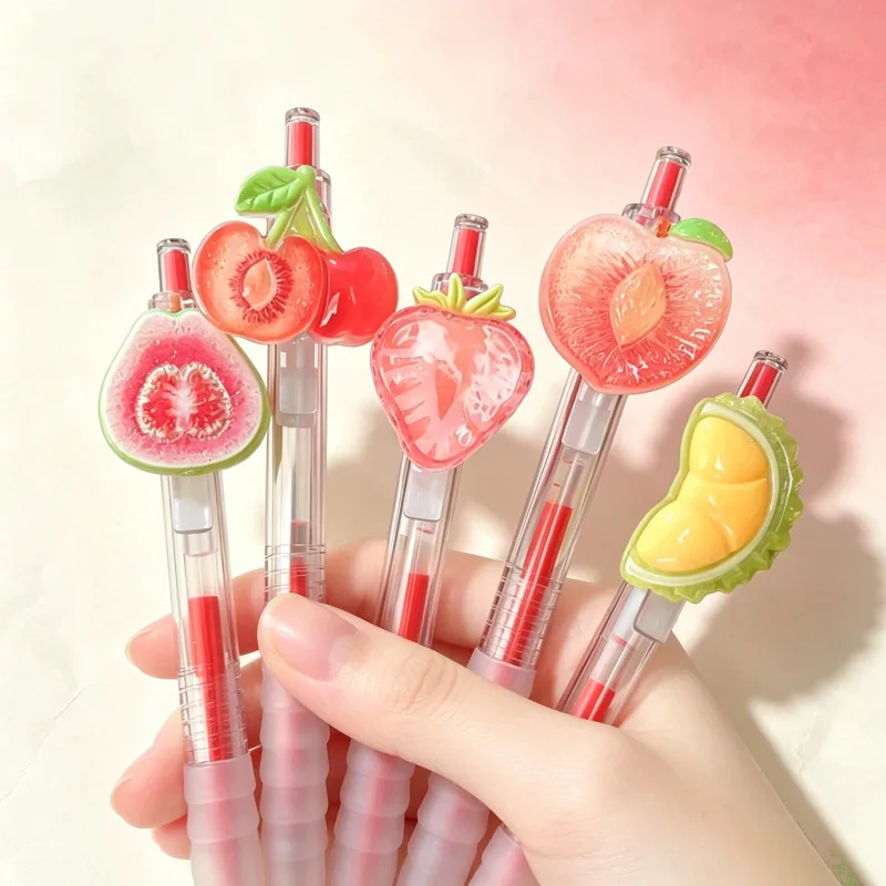 5pcs Cute Fruit Silicone Patch Gel Pen 0.5mm Creative Press Student Writing Pen Kawaii Stationery School Office Supplies Red Ink