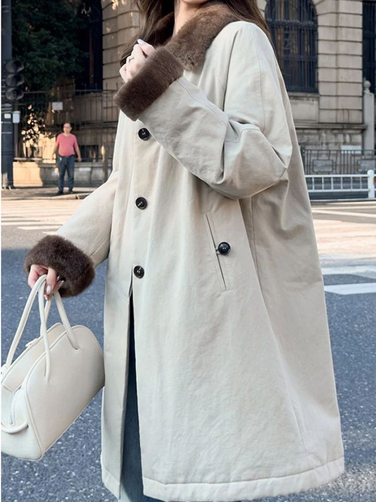 الشتاء منتصف طول الفراء طوق أسفل معطف المرأة تنوعا الدافئة الفاخرة فضفاضة تناسب المألوف مبطن خندق سترة سترة