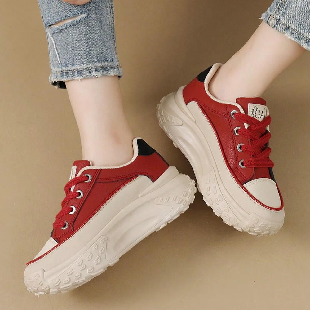 Women\'s Round Toe Red Comfortable Versatile Thick-soled High-top Shoes British Style Fashionable And Warm Added Fluff