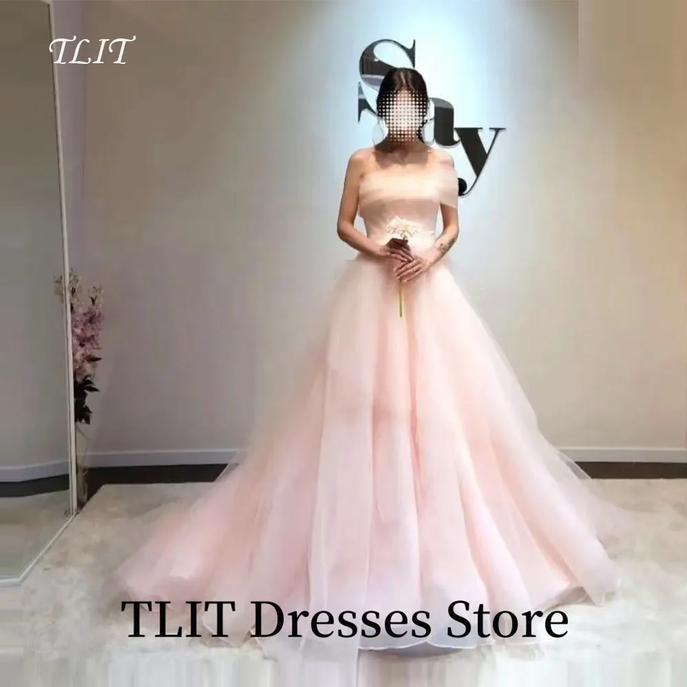 

TLIT Pink White Tulle Corset Evening Dresses For Women Korea Wedding Party One Line Collar Prom Gowns Customized Formal Party
