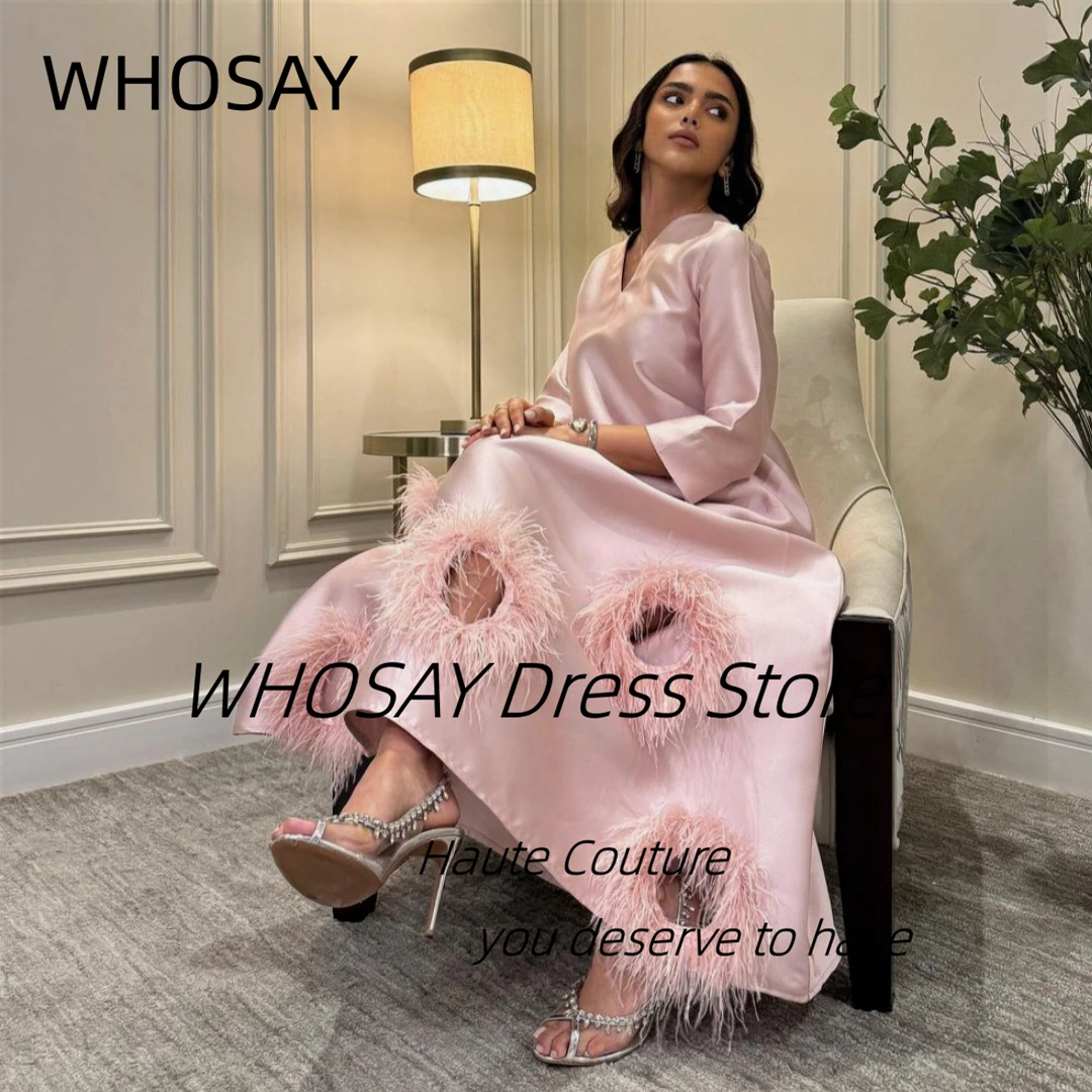 WHOSAY Customized Feathers Prom Dresses V Neck Long Sleeves Evening Gowns Zipper Back Formal Occasion Saudi Party Dress