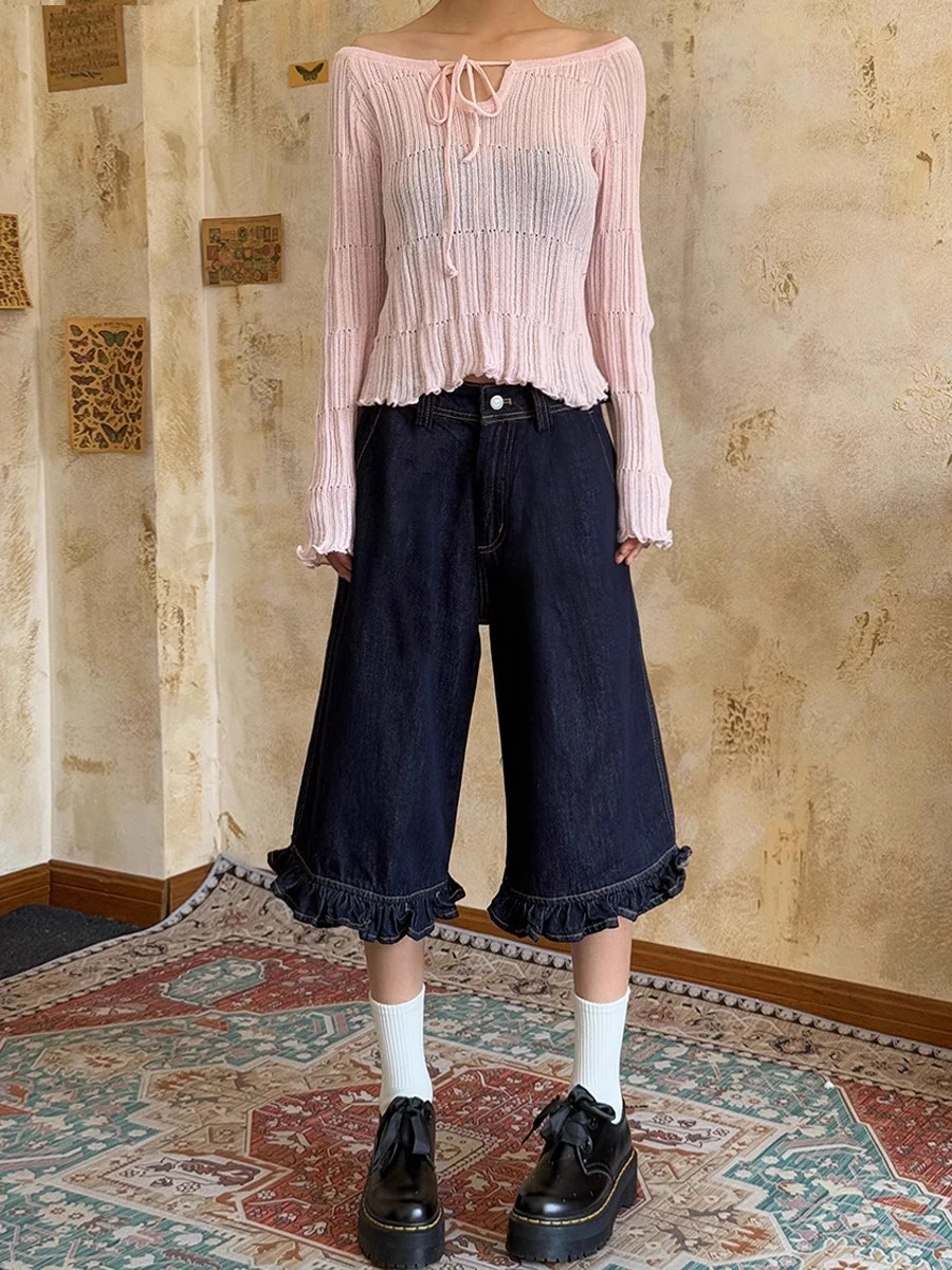 ReddaChic Women Summer Frill Trim Denim Shorts Solid Ruffled Hem High Waist Casual Wide Denim Bermuda Pants Kawaii Y2k Bottoms