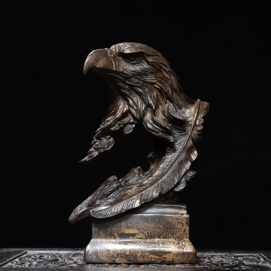 Old Bronze Gilded Cinnabar High Relief Eagle Statue eagle head Copywriting  ornament realize one's ambition Town house Exorcism