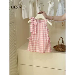 Girls2024Summer New Pink and White Plaid Bow Vest Skirt Baby Fashionable Dress Fashion